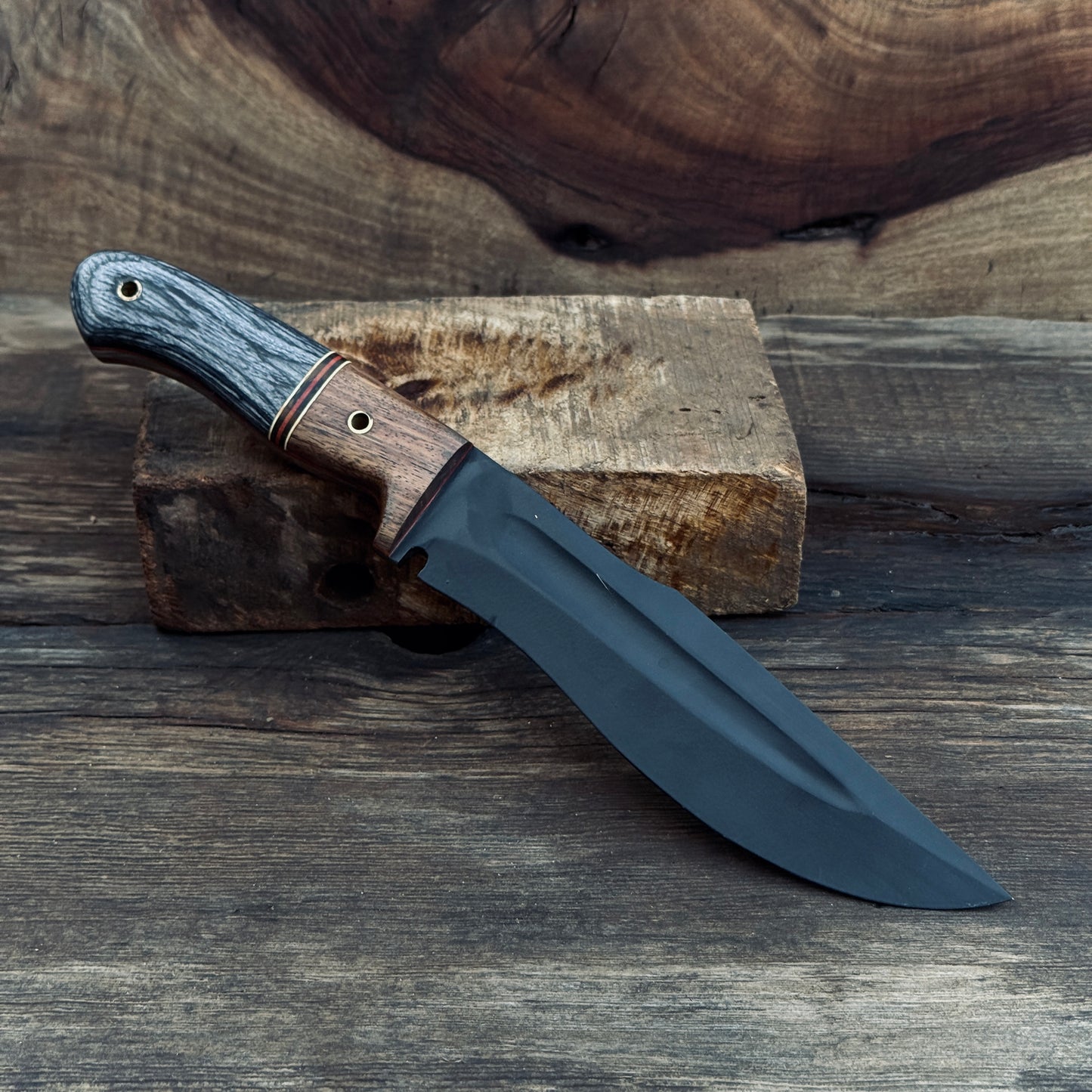 SCK-02 CUSTOM HAND MADE 440C STEEL HUNTING EDC KNIFE PAKKA WOOD & ROSE WOOD HANDLE WITH PURE LEATHER SHEATH