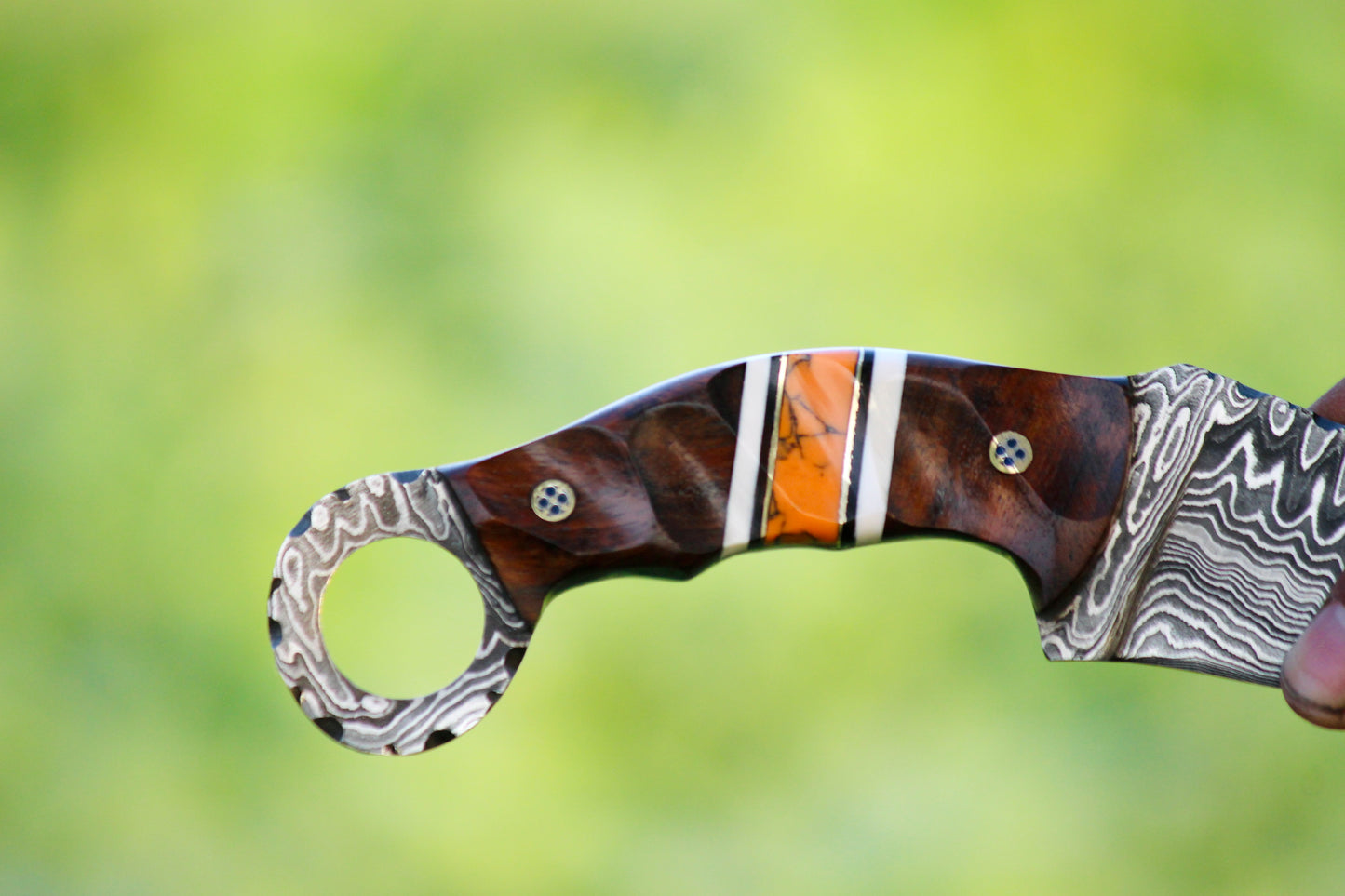SCK-08 CUSTOM HANDMADE DAMASCUS STEEL HUNTING KNIFE WITH ROSE WOOD AND STONE HANDLE WITH PURE LEATHER SHEATH