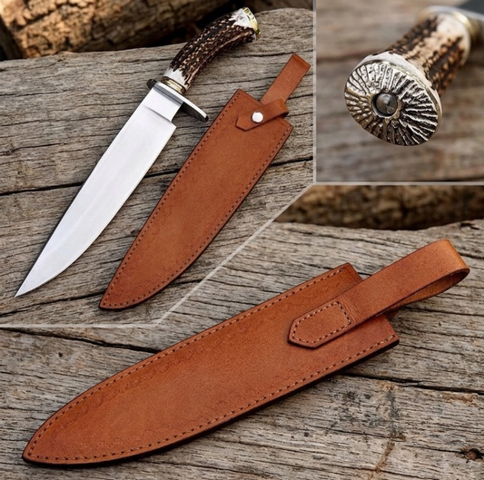 CUSTOM HANDMADE 440C STEEL BOWIE KNIFE WITH STAG HORN ELK HANDLE WITH PURE LEATHER SHEATH