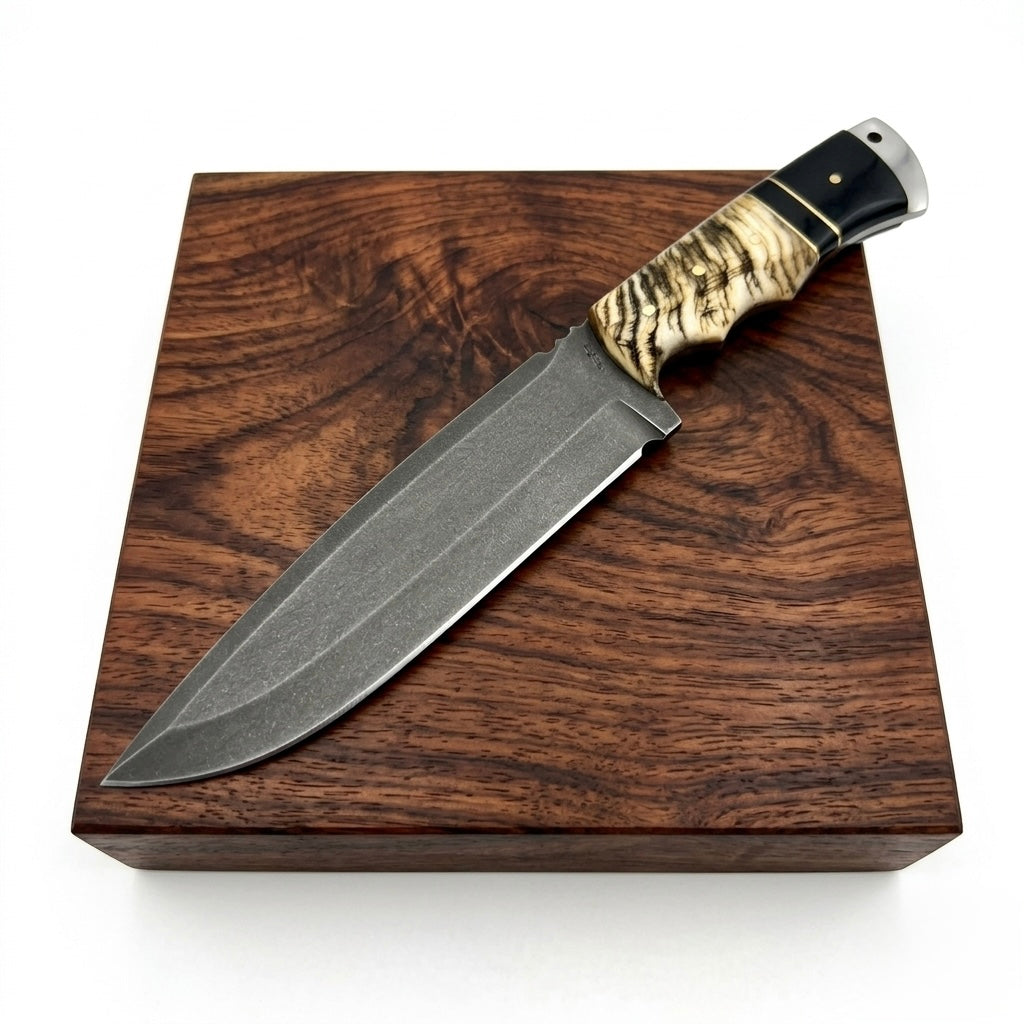 SCK-27 CUSTOM HANDMADE 3V STEEL SKINNER KNIFE WITH RAM HORN HANDLE WITH PURE LEATHER SHEATH