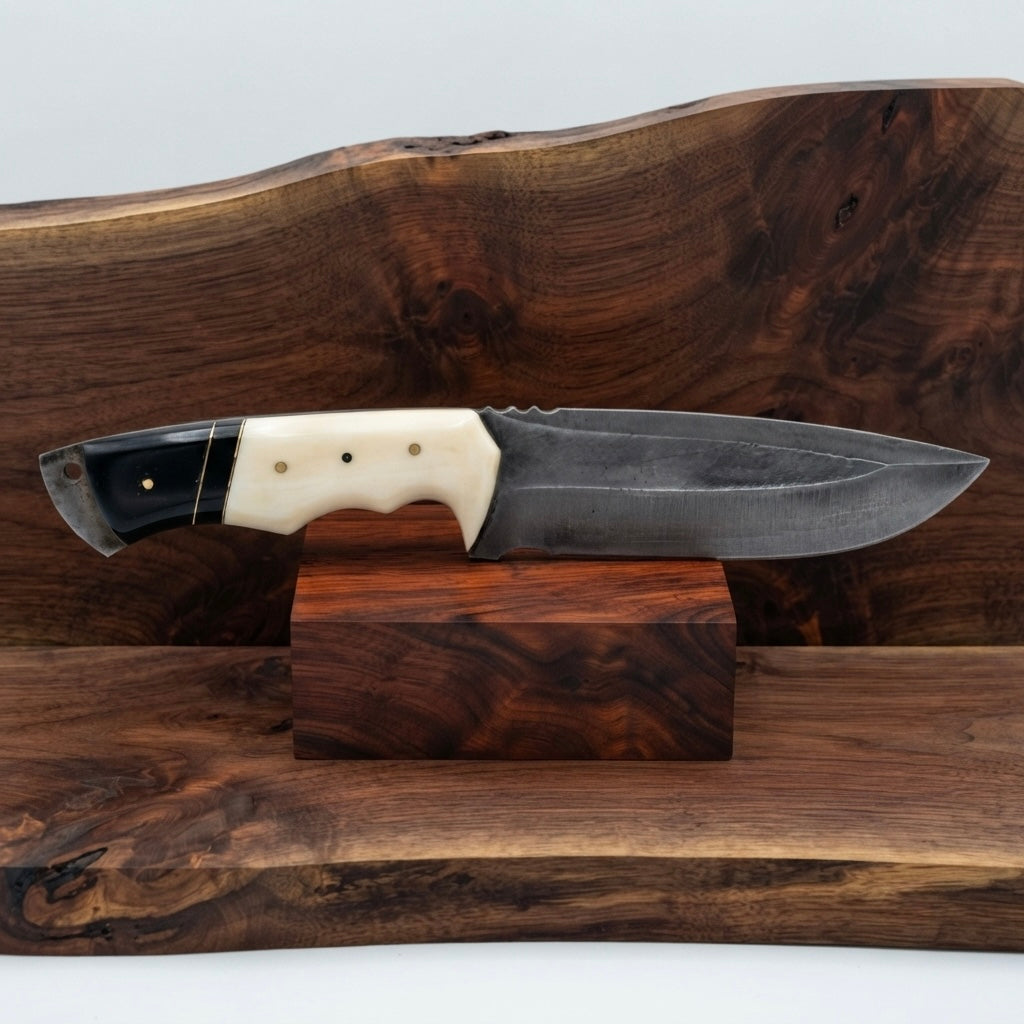 SCK-36 CUSTOM HANDMADE 3V STEEL HUNTING SURVIVAL KNIFE WITH RAM HORN HANDLE WITH PURE LEATHER SHEATH