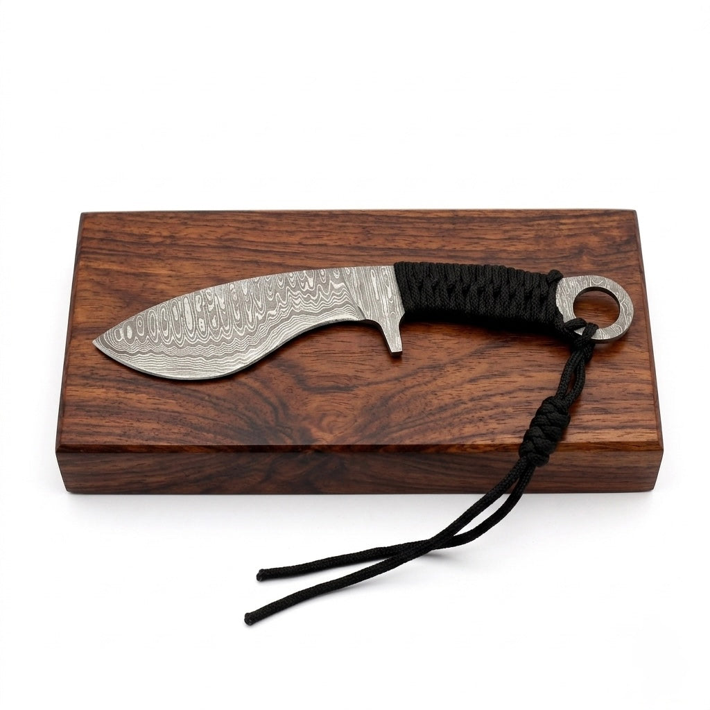 SCK-09 CUSTOM HANDMADE DAMASCUS STEEL HUNTING KUKRI KNIFE WITH CORD WARP HANDLE WITH PURE LEATHER SHEATH