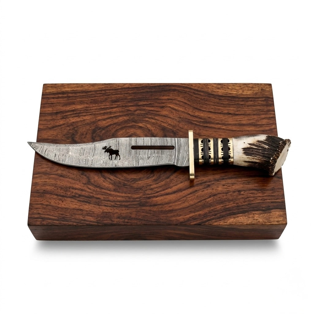 SCK-14 CUSTOM HANDMADE DAMASCUS STEEL HUNTING BOWIE KNIFE WITH STAG HORN HANDLE WITH PURE LEATHER SHEATH