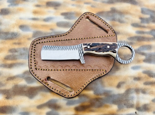 CUSTOM HANDMADE 3V STEEL EDC BULLCUTTER KNIFE WITH STAG HORN ELK HANDLE WITH PURE LEATHER SHEATH