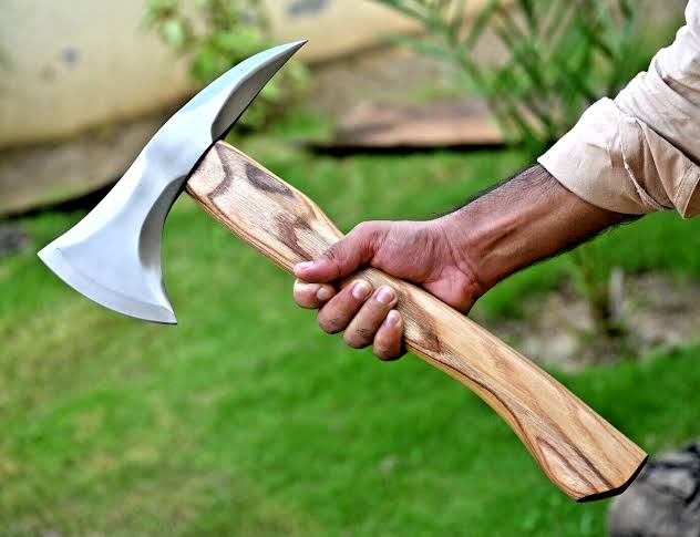 SCK-00 INITIAL PAYMENT TO CONFIRM ORDWR CUSTOM HANDMADE STAINLESS STEEL VIKING FULL AXE WITH BLACK WOOD HANDLE WITH PURE LEATHER SHEATH