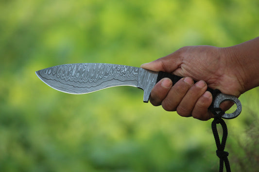 SCK-09 CUSTOM HANDMADE DAMASCUS STEEL HUNTING KUKRI KNIFE WITH CORD WARP HANDLE WITH PURE LEATHER SHEATH
