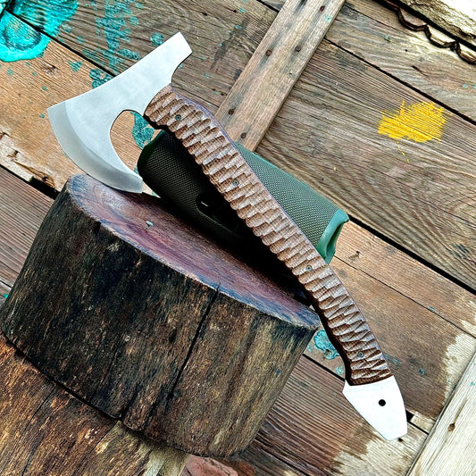 CUSTOM HANDMADE 3V STEEL VIKING FULL TANG AXE WITH G10 SHEATH HANDLE WITH PURE LEATHER SHEATH