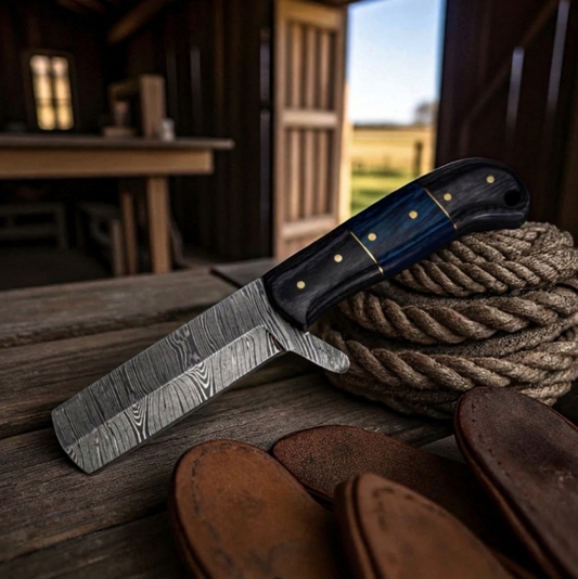 CUSTOM HANDMADE DAMASCUS STEEL EDC BULLCUTTER KNIFE WITH PAKKA WOOD HANDLE WITH PURE LEATHER SHEATH