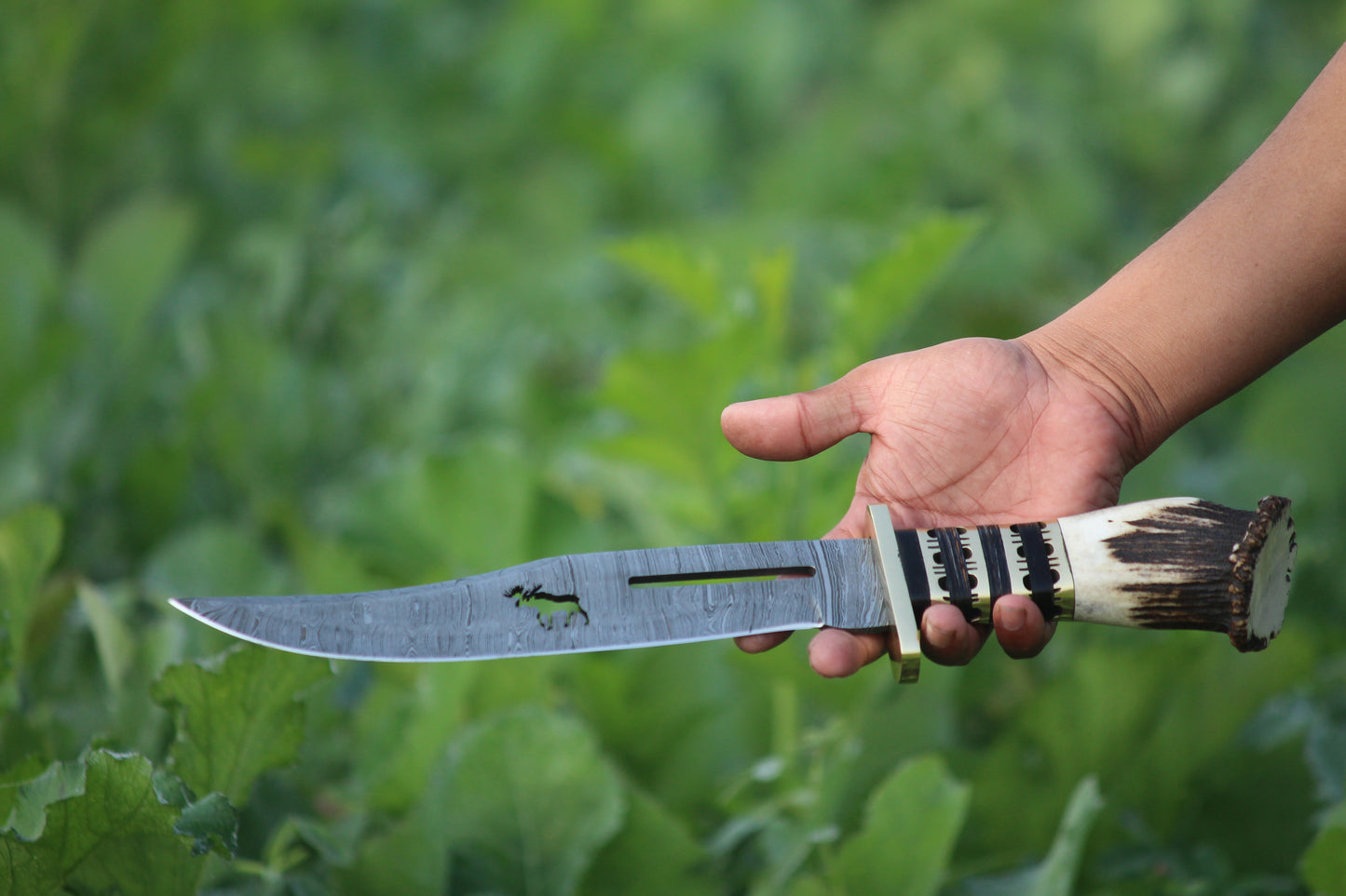 SCK-14 CUSTOM HANDMADE DAMASCUS STEEL HUNTING BOWIE KNIFE WITH STAG HORN HANDLE WITH PURE LEATHER SHEATH