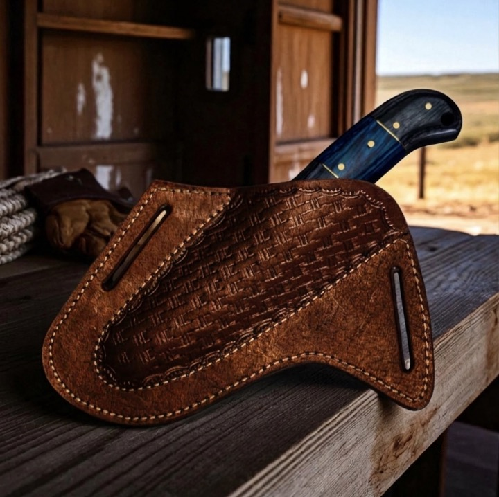 CUSTOM HANDMADE DAMASCUS STEEL EDC BULLCUTTER KNIFE WITH PAKKA WOOD HANDLE WITH PURE LEATHER SHEATH