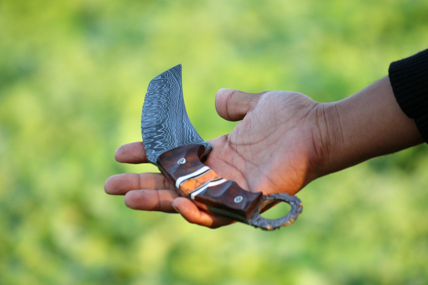 SCK-08 CUSTOM HANDMADE DAMASCUS STEEL HUNTING KNIFE WITH ROSE WOOD AND STONE HANDLE WITH PURE LEATHER SHEATH