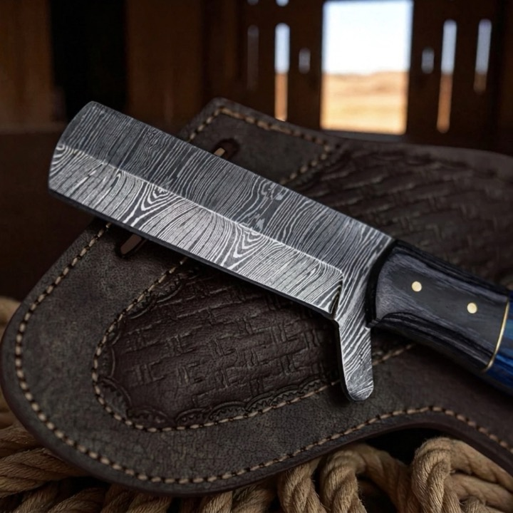 CUSTOM HANDMADE DAMASCUS STEEL EDC BULLCUTTER KNIFE WITH PAKKA WOOD HANDLE WITH PURE LEATHER SHEATH