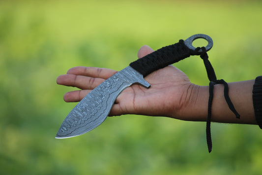 SCK-09 CUSTOM HANDMADE DAMASCUS STEEL HUNTING KUKRI KNIFE WITH CORD WARP HANDLE WITH PURE LEATHER SHEATH