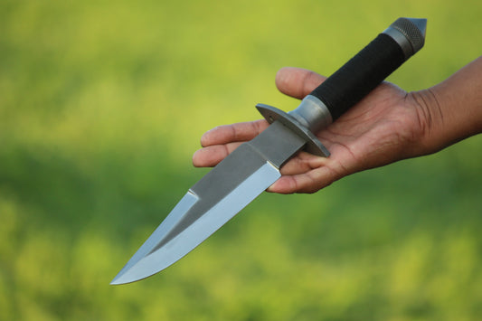 SCK-16 CUSTOM HANDMADE 3V STEEL HUNTING RAMBO MOVIE KNIFE WITH STEEL AND CORD WARP HANDLE WITH PURE LEATHER SHEATH