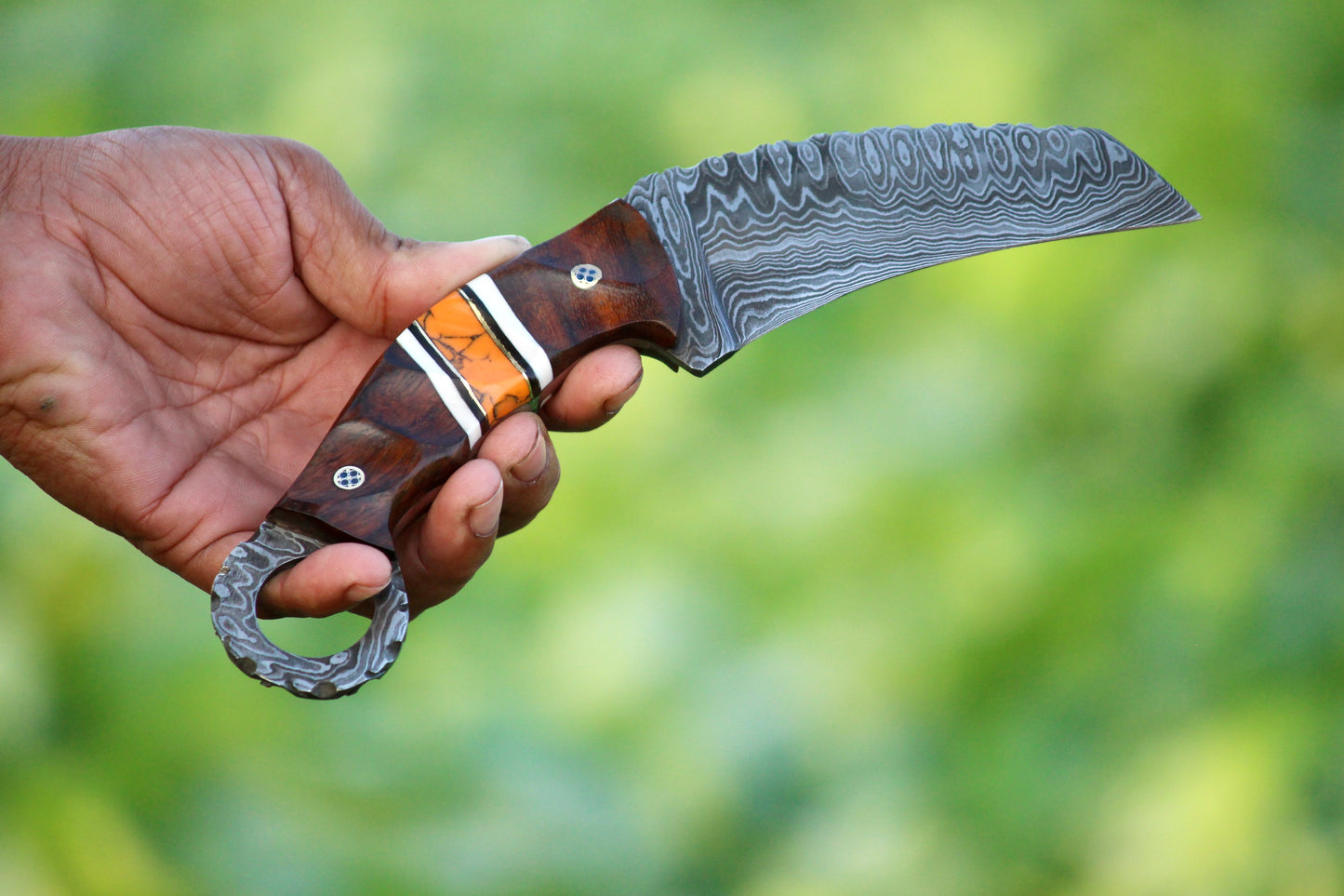 SCK-08 CUSTOM HANDMADE DAMASCUS STEEL HUNTING KNIFE WITH ROSE WOOD AND STONE HANDLE WITH PURE LEATHER SHEATH