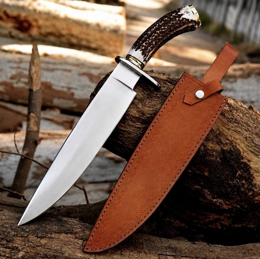 CUSTOM HANDMADE 440C STEEL BOWIE KNIFE WITH STAG HORN ELK HANDLE WITH PURE LEATHER SHEATH