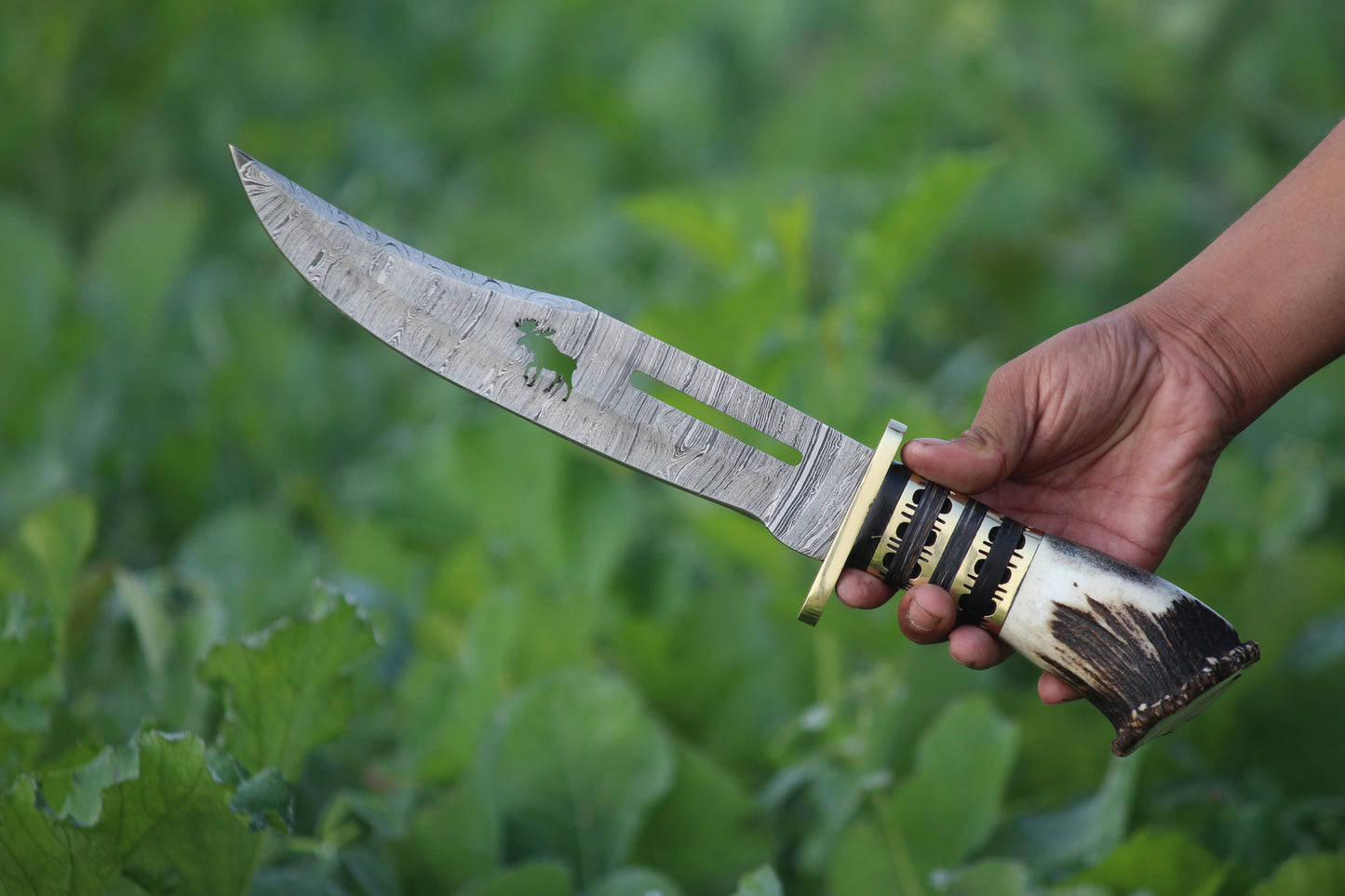 SCK-14 CUSTOM HANDMADE DAMASCUS STEEL HUNTING BOWIE KNIFE WITH STAG HORN HANDLE WITH PURE LEATHER SHEATH