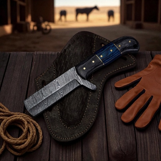 CUSTOM HANDMADE DAMASCUS STEEL EDC BULLCUTTER KNIFE WITH PAKKA WOOD HANDLE WITH PURE LEATHER SHEATH