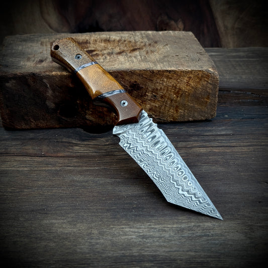 SCK-06 CUSTOM HANDMADE DAMASCUS STEEL RAZOR SHARP TANTO KNIFE WITH MICARTA SHEATH HANDLE AND LEATHER SHEATH.