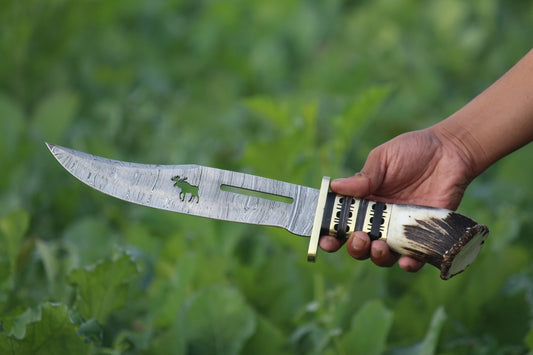 SCK-14 CUSTOM HANDMADE DAMASCUS STEEL HUNTING BOWIE KNIFE WITH STAG HORN HANDLE WITH PURE LEATHER SHEATH
