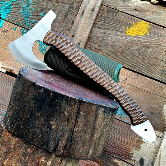 CUSTOM HANDMADE 3V STEEL VIKING FULL TANG AXE WITH G10 SHEATH HANDLE WITH PURE LEATHER SHEATH