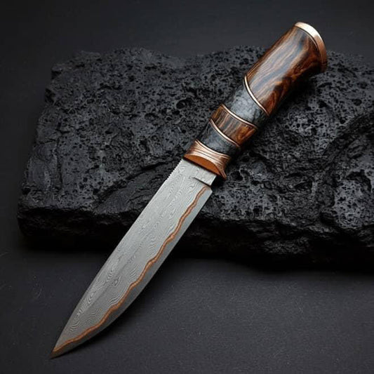 CUSTOM HANDMADE COPPER DAMASCUS STEEL HUNTING SURVIVAL KNIFE WITH G10 SHEATH HANDLE WITH PURE LEATHER SHEATH