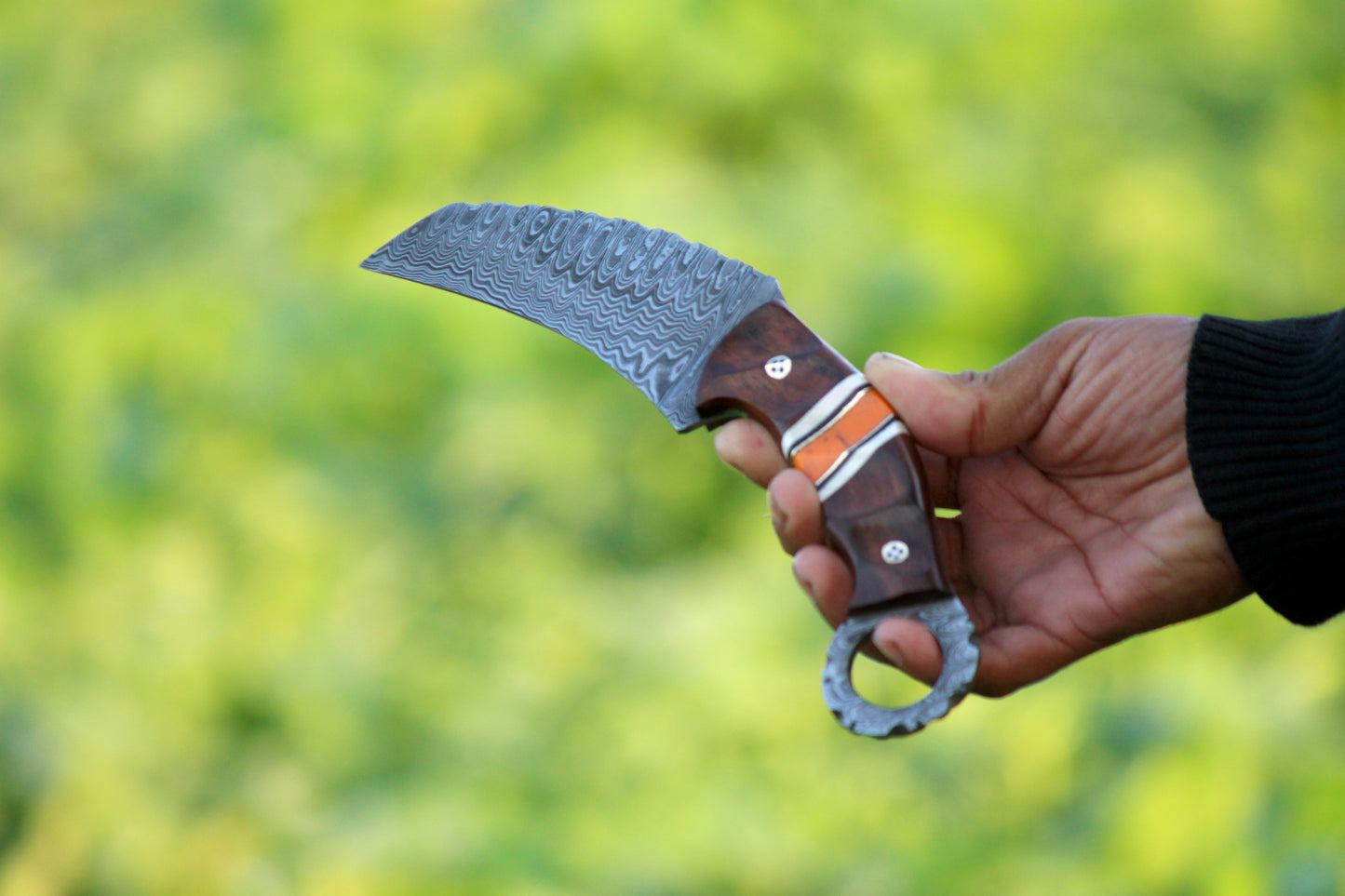 SCK-08 CUSTOM HANDMADE DAMASCUS STEEL HUNTING KNIFE WITH ROSE WOOD AND STONE HANDLE WITH PURE LEATHER SHEATH