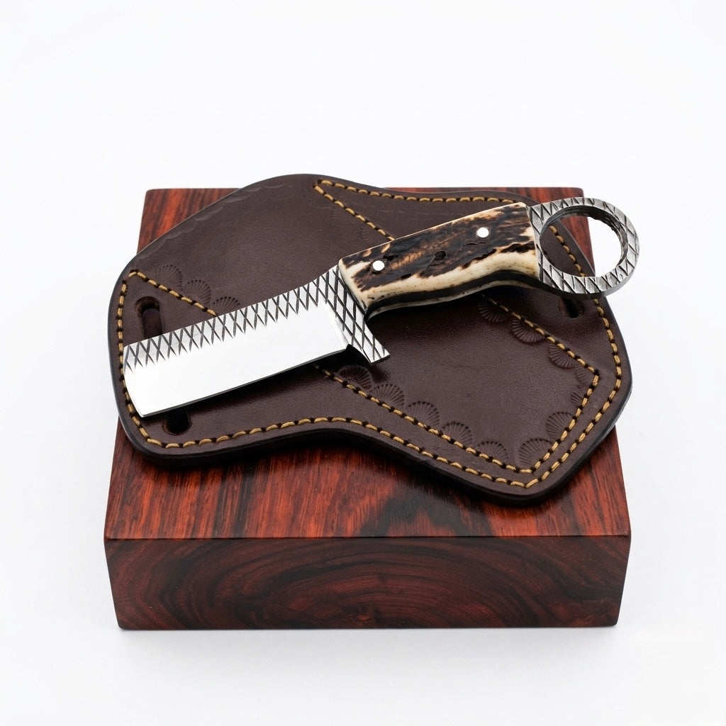 SCK-42 CUSTOM HANDMADE 3V STEEL EDC BULLCUTTER KNIFE WITH STAG HORN ELK HANDLE WITH PURE LEATHER SHEATH
