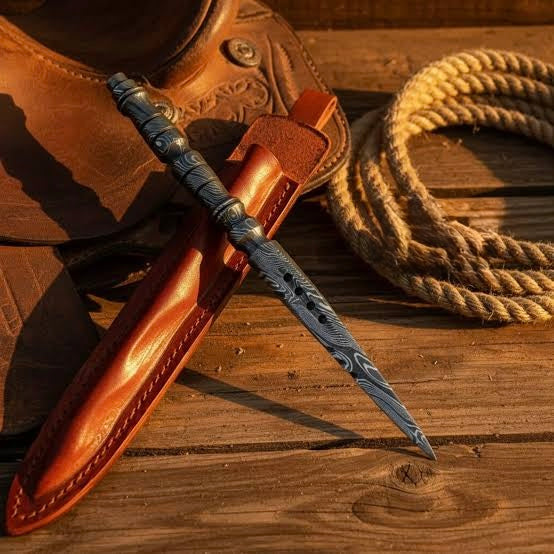 SCK-00 CUSTOM HANDMADE DAMASCUS STEEL SPIKE WITH GOOD LEATHER SHEATH