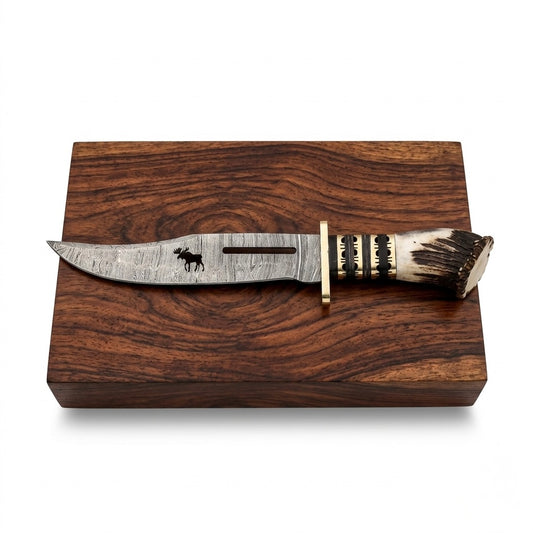 SCK-14 CUSTOM HANDMADE DAMASCUS STEEL HUNTING BOWIE KNIFE WITH STAG HORN HANDLE WITH PURE LEATHER SHEATH