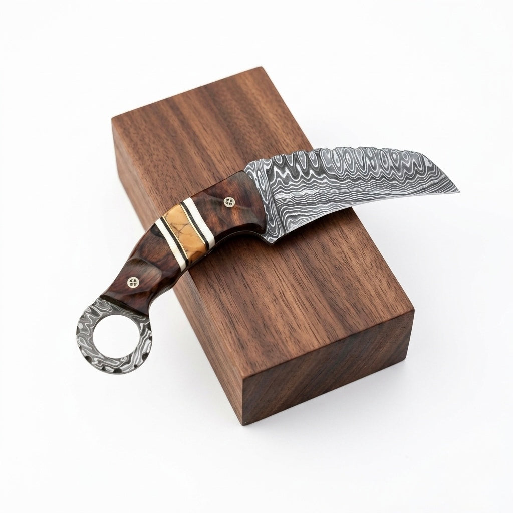 SCK-08 CUSTOM HANDMADE DAMASCUS STEEL HUNTING KNIFE WITH ROSE WOOD AND STONE HANDLE WITH PURE LEATHER SHEATH
