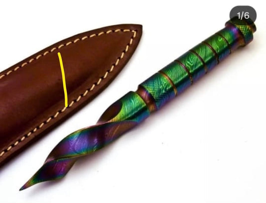 CUSTOM HANDMADE DAMASCUS STEEL TRI KNIFE WITH WITH PURE LEATHER SHEATh