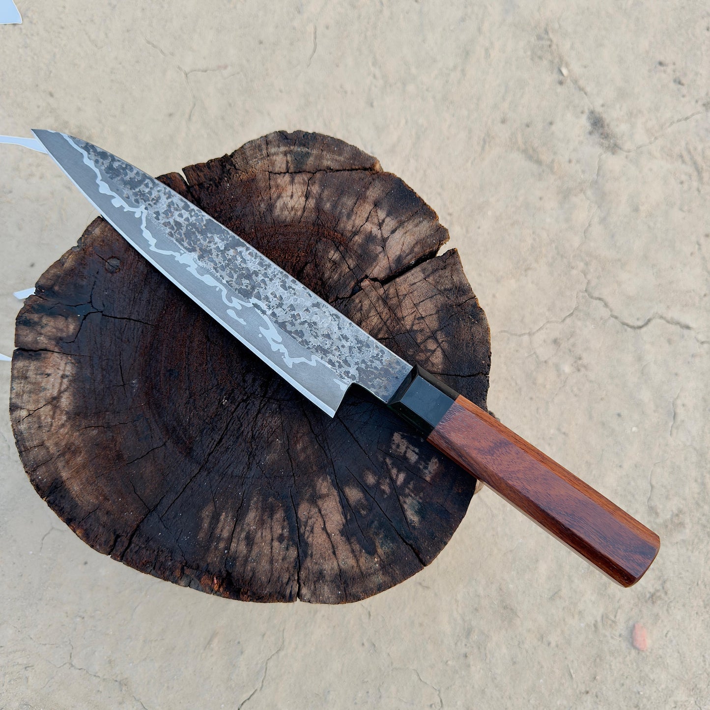 CUSTOM HANDMADE SAN-MAI STEEL KITCHEN GUYTO CHEF KNIFE WITH ROSE WOOD HANDLE WITH WOOD SCABBARD SHEATH