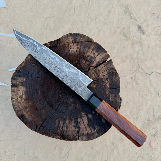 CUSTOM HANDMADE SAN-MAI STEEL KITCHEN GUYTO CHEF KNIFE WITH ROSE WOOD HANDLE WITH WOOD SCABBARD SHEATH