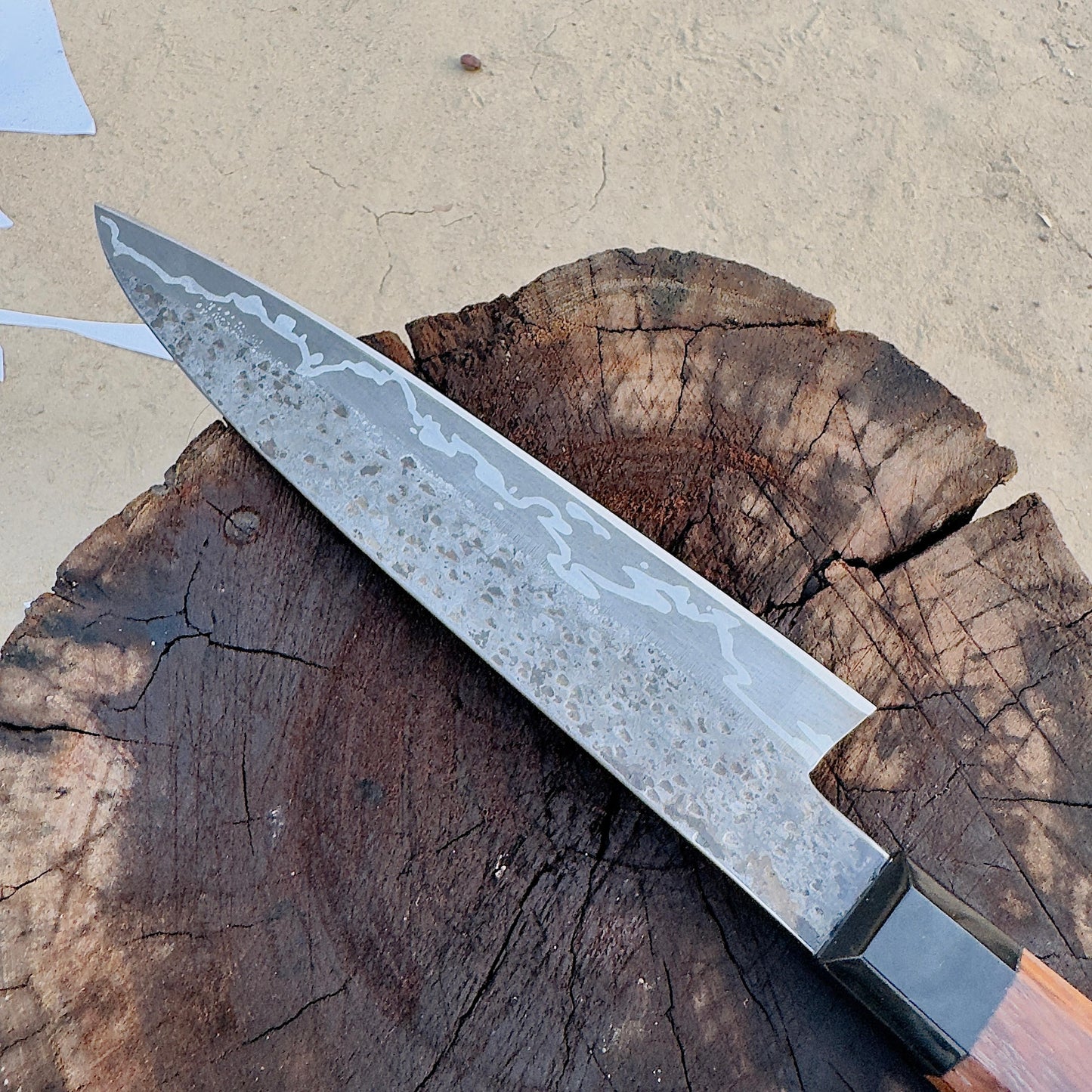 CUSTOM HANDMADE SAN-MAI STEEL KITCHEN GUYTO CHEF KNIFE WITH ROSE WOOD HANDLE WITH WOOD SCABBARD SHEATH