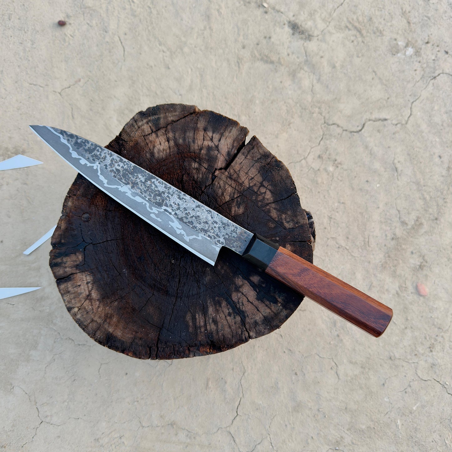 CUSTOM HANDMADE SAN-MAI STEEL KITCHEN GUYTO CHEF KNIFE WITH ROSE WOOD HANDLE WITH WOOD SCABBARD SHEATH