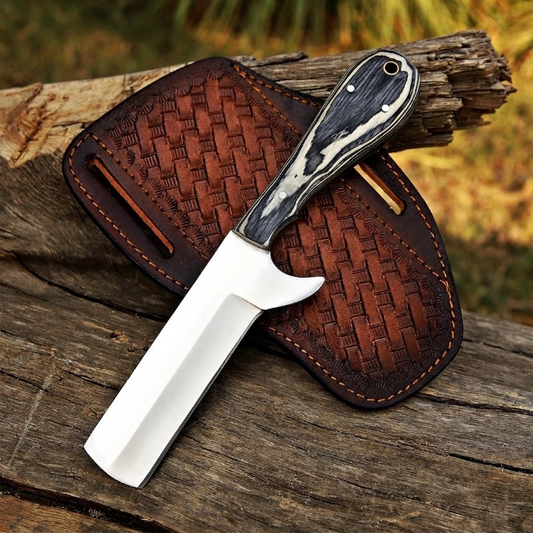 CUSTOM HANDMADE 3V STEEL EDC BULLCUTTER KNIFE WITH PAKKA WOOD HANDLE WITH PURE LEATHER SHEATH
