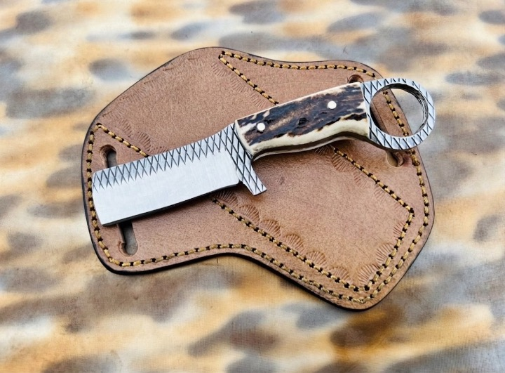 CUSTOM HANDMADE 3V STEEL EDC BULLCUTTER KNIFE WITH STAG HORN ELK HANDLE WITH PURE LEATHER SHEATH
