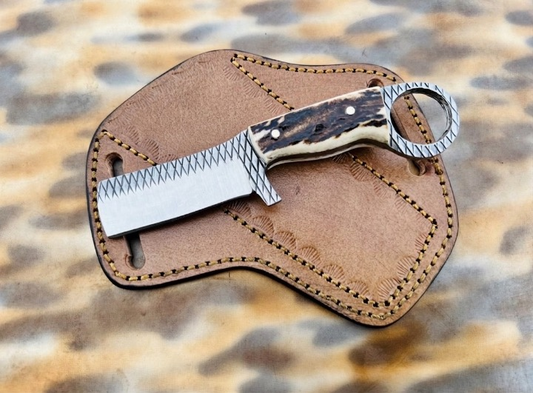 CUSTOM HANDMADE 3V STEEL EDC BULLCUTTER KNIFE WITH STAG HORN ELK HANDLE WITH PURE LEATHER SHEATH