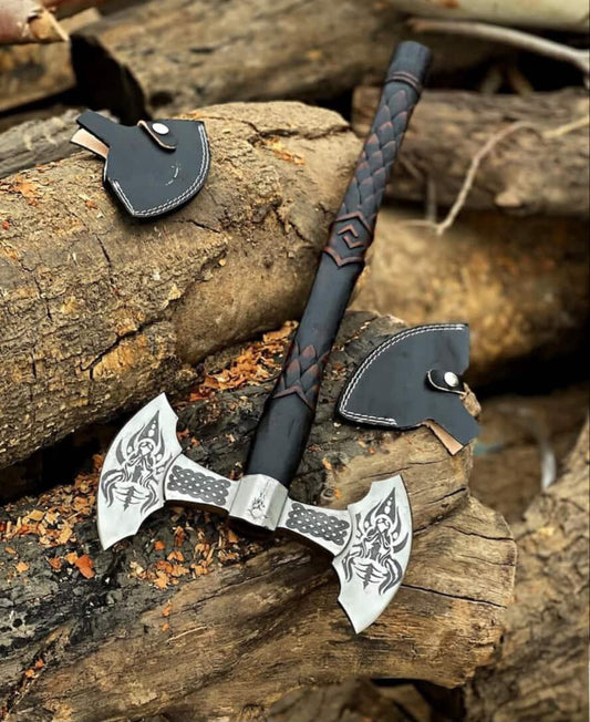 CUSTOM HANDMADE 440C STEEL HUNTING VIKING AXE WITH ASH WOOD HANDLE WITH PURE LEATHER SHEATHX