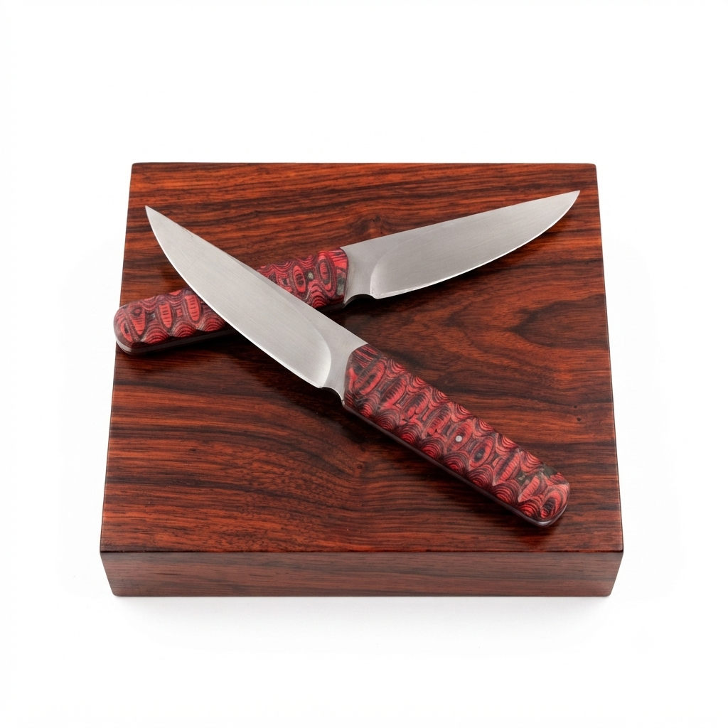SCK-34 A PAIR OF CUSTOM HANDMADE HUNTING KNIVES WITH PAKKA WOOD HANDLE AND PURE LEATHER SHEATH