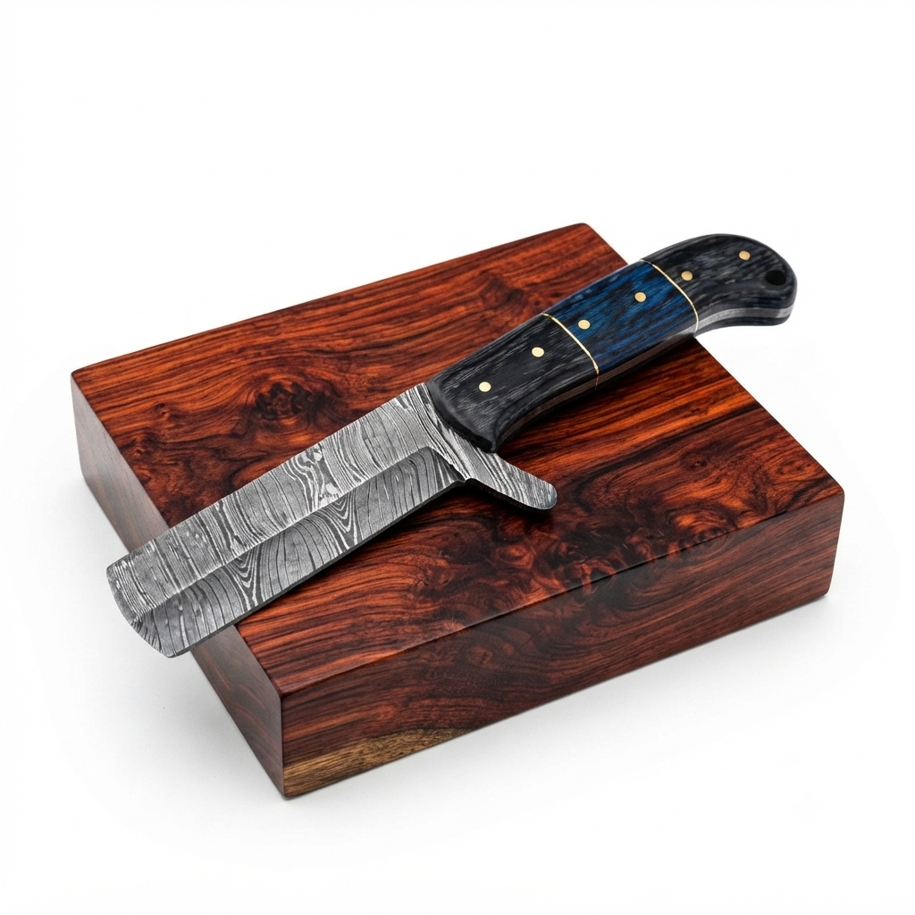 SCK-43 CUSTOM HANDMADE DAMASCUS STEEL EDC BULLCUTTER KNIFE WITH PAKKA WOOD HANDLE WITH PURE LEATHER SHEATH