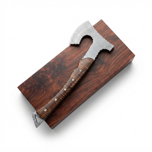 SCK-62 CUSTOM HANDMADE 3V STEEL VIKING FULL TANG AXE WITH ROSE WOOD HANDLE WITH PURE LEATHER SHEATH